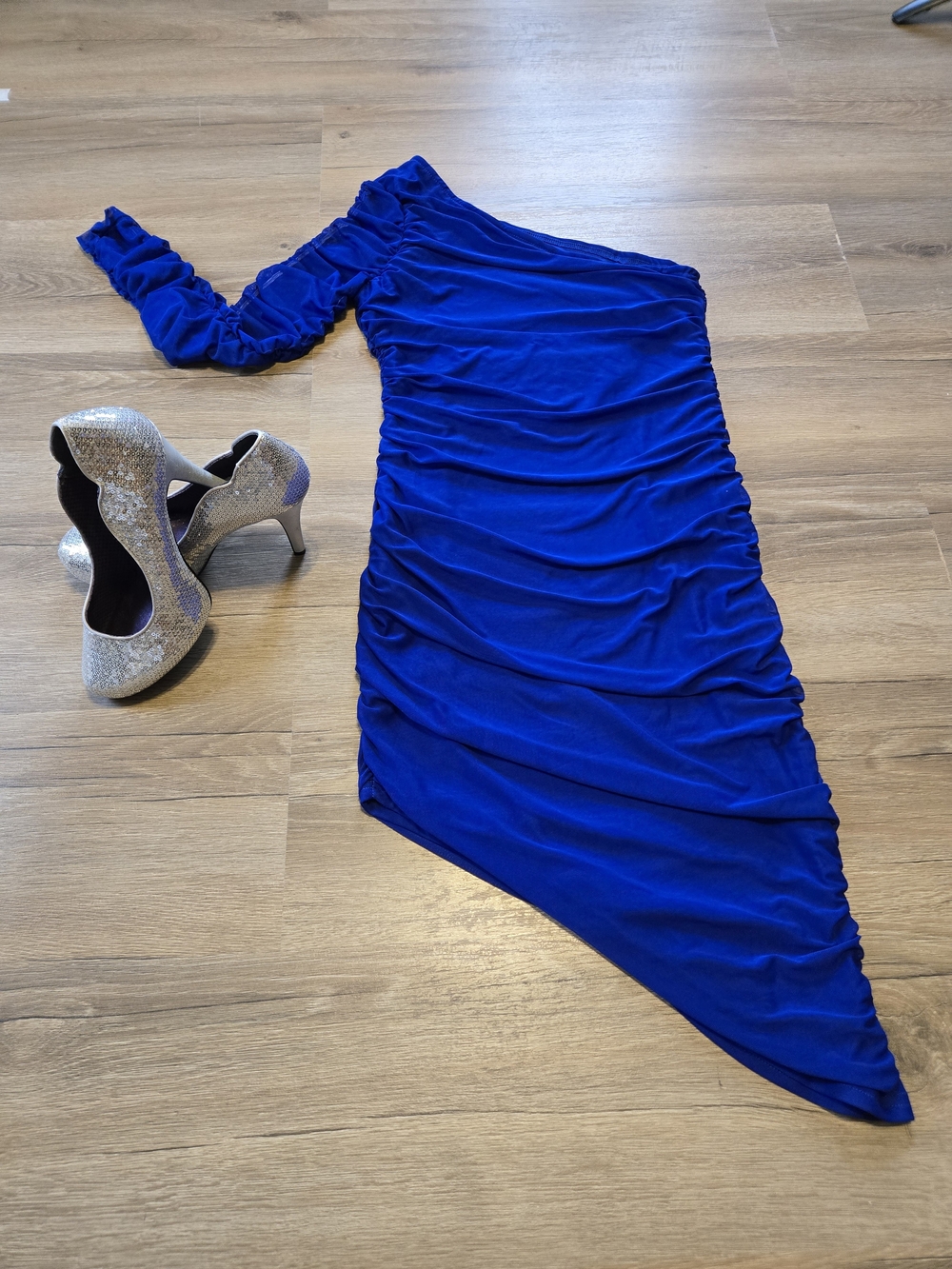 One-Shoulder Royal Blue Ruched Asymmetric Dress